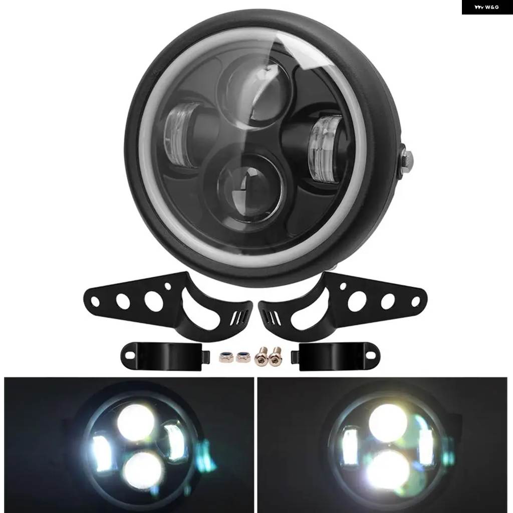 並行輸入品6.5インチ バイク LED ヘッドライト ヒロ ヘッドランプ 電球 DRLエンジェルリング マウント ブラケット 付き ハーレー スポーツスターの画像