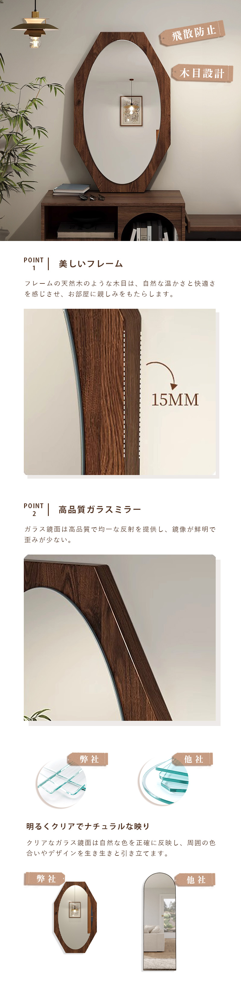 5年保証】【完成品】八角形ミラー 壁掛け 玄関 風水 八角鏡 鏡