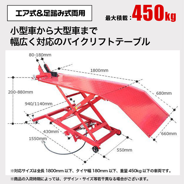 バイクリフトテーブル 最大積載450kg TYPE7 モーターサイクル 小型車から大型車まで対応 エア式＆足踏み式 メンテナンス チャーター便配送