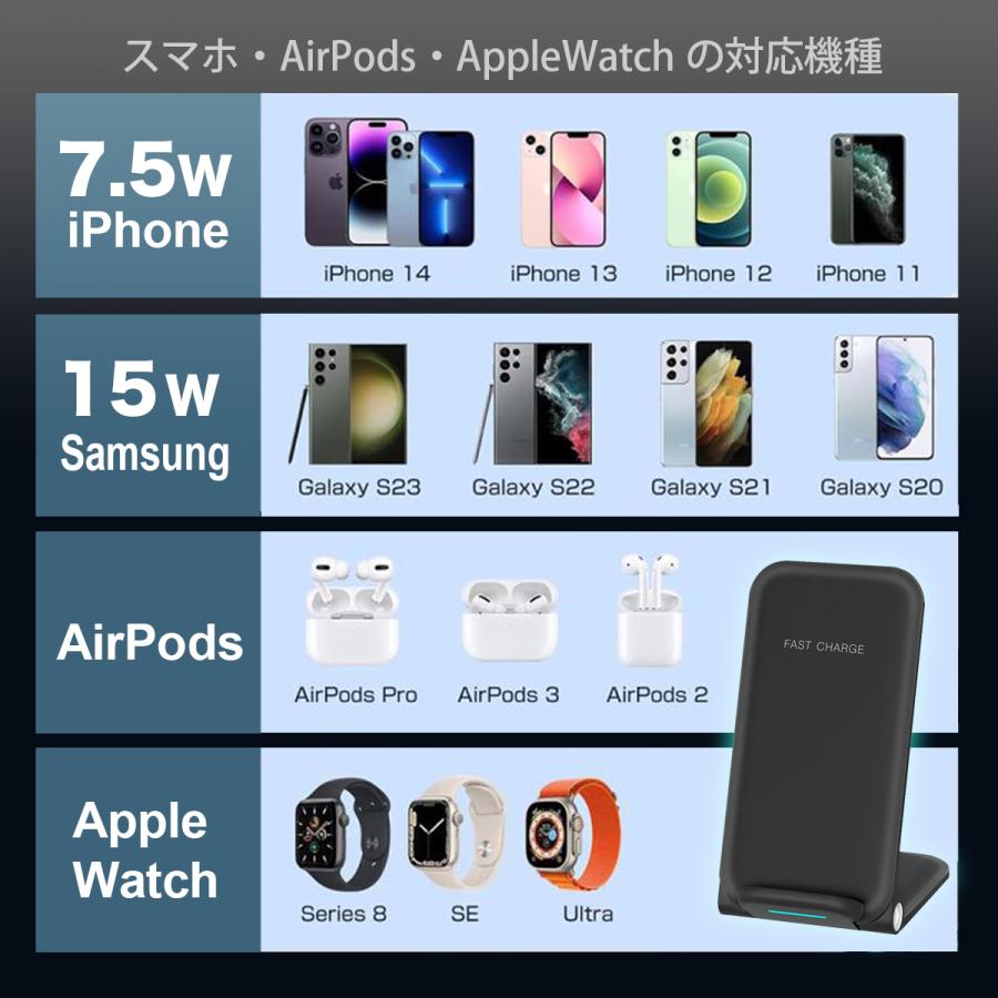 急速ワイヤレス充電器 15W 置くだけ 折りたたみ式 充電スタンド 3台同時充電 2色選択  iPhone AirPods AppleWatch Android OJD75｜homeown｜06