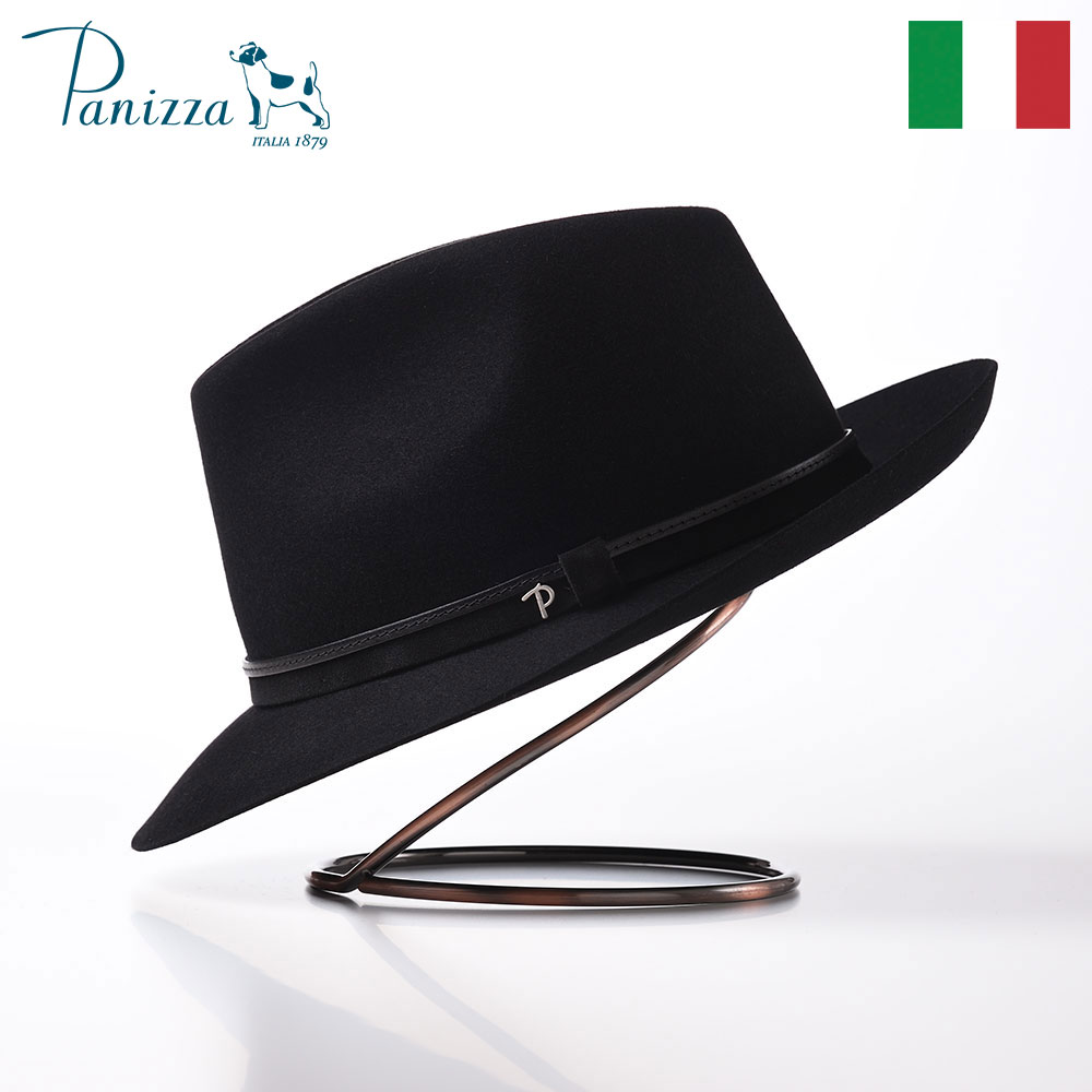 Panizza 中折れハット ラビットフェルト帽 メンズ 秋冬 帽子 レザーバンド 紳士帽 大きいサイズ ISERNIA DANDY（イゼルニア  ダンディ）ブラック