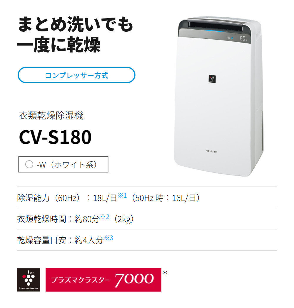 SHARP シャープ 除湿機 衣類乾燥 CV-S180-W ホワイト 乾燥容量約