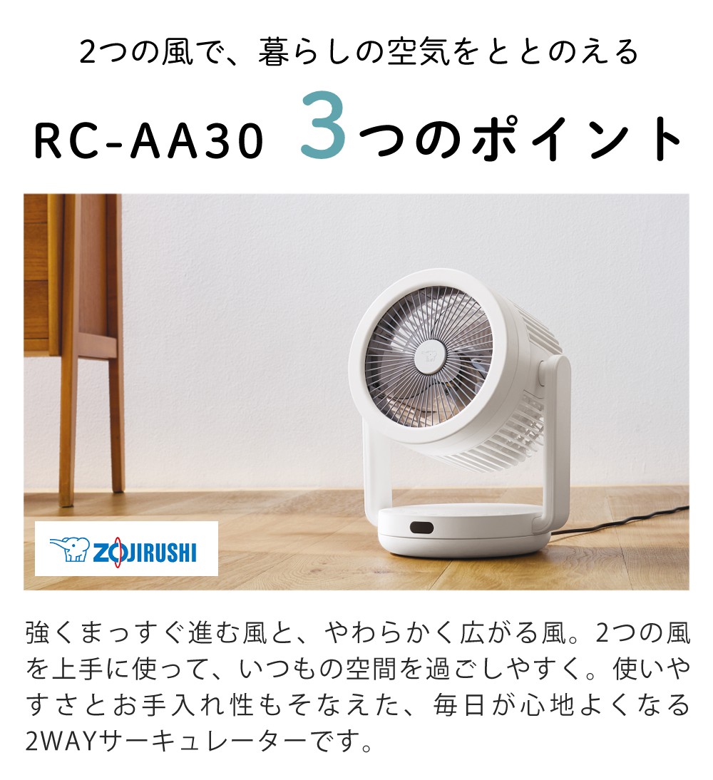 象印（ZOJIRUSHI） 2WAY サーキュレーター 扇風機 RC-AA30 グレー