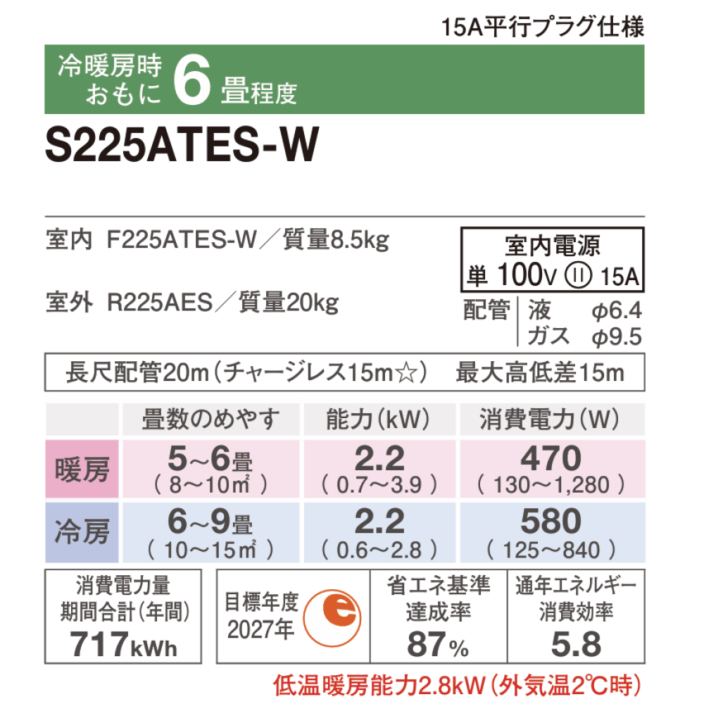 ダイキン（DAIKIN） エアコン 6畳 Eシリーズ 2025年 S225ATES-W 室外機