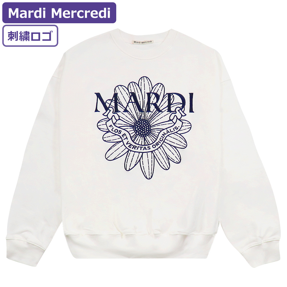 マルディメクルディ Mardi Mercredi スウェット SWEATSHIRT FLOWERMARDI ALUMNI NEEDLEWORK  WHITE NAVY 長袖 レディース 韓国 ファッション アパレル 刺繍 ロゴ