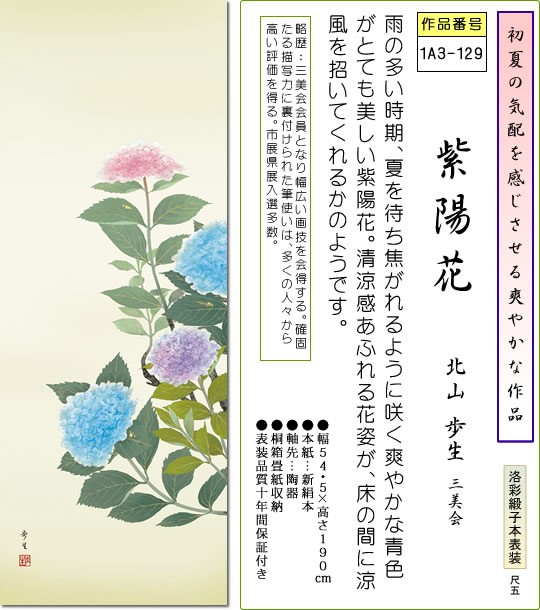 掛軸 夏掛 掛け軸-紫陽花/北山歩生(尺五)床の間 和室 モダン お洒落 日本画 贈答 かけじく 表装 壁掛け 吊るし インテリア