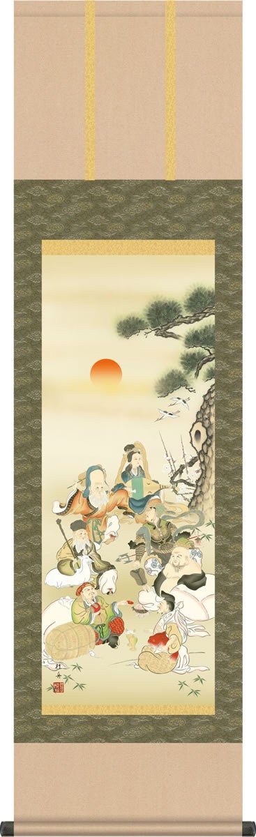 掛け軸 七福神掛軸-七福神/長江桂舟(尺三)床の間 和室 おめでたい 縁起