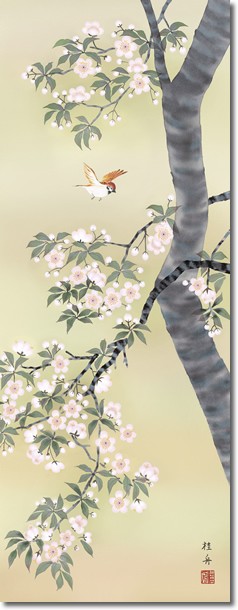 掛軸 掛け軸-桜花に小鳥/長江桂舟 花鳥掛軸送料無料(尺五)春用掛け軸