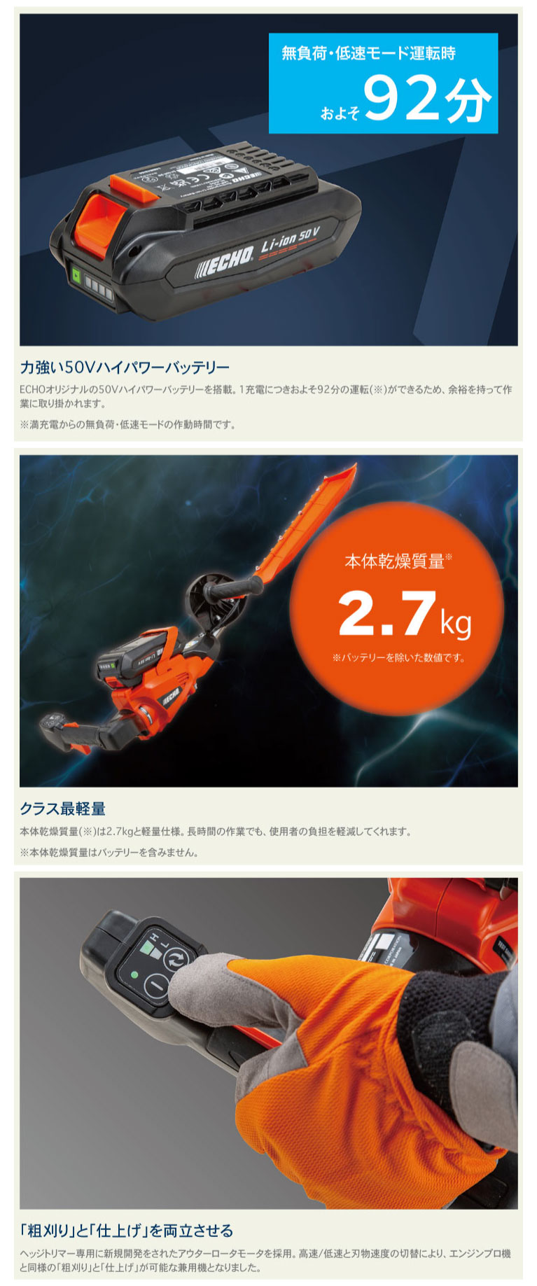 ヤマビコ エコー ECHO 50Vバッテリーヘッジトリマー（BHT510-100S 本体