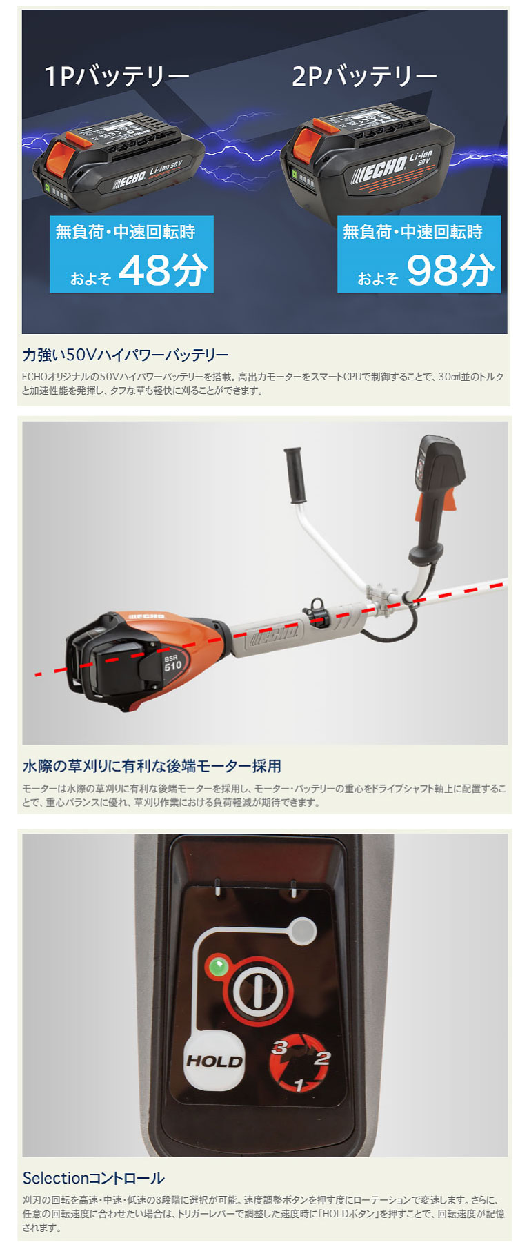 やまびこ エコー ECHO 50Vバッテリー刈払機 Uハンドル（BSR510U-2G 2P