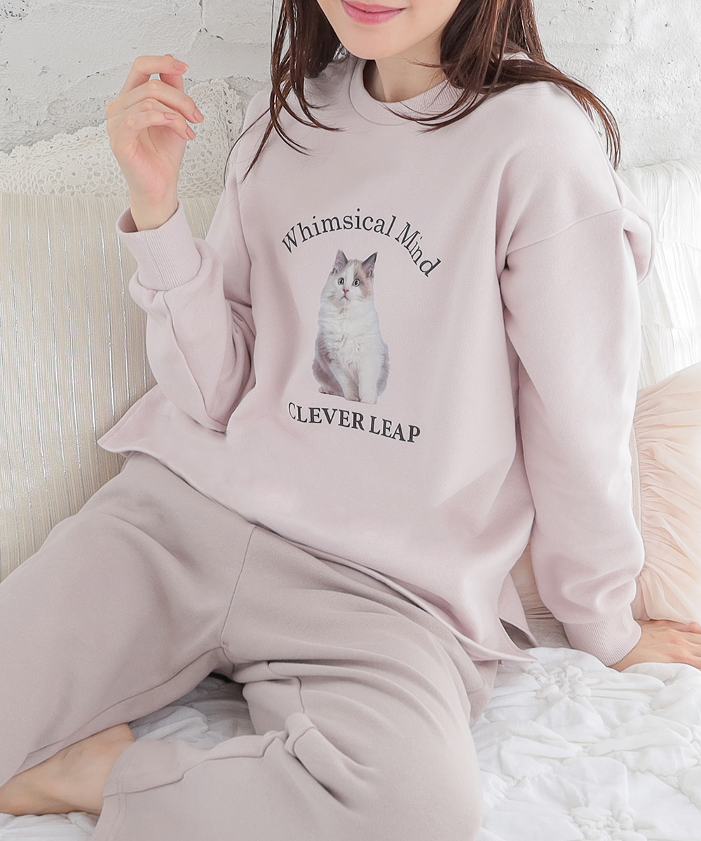 Honeys（ハニーズ） ルームウェア 部屋着 上下セット ネコプリント 裏