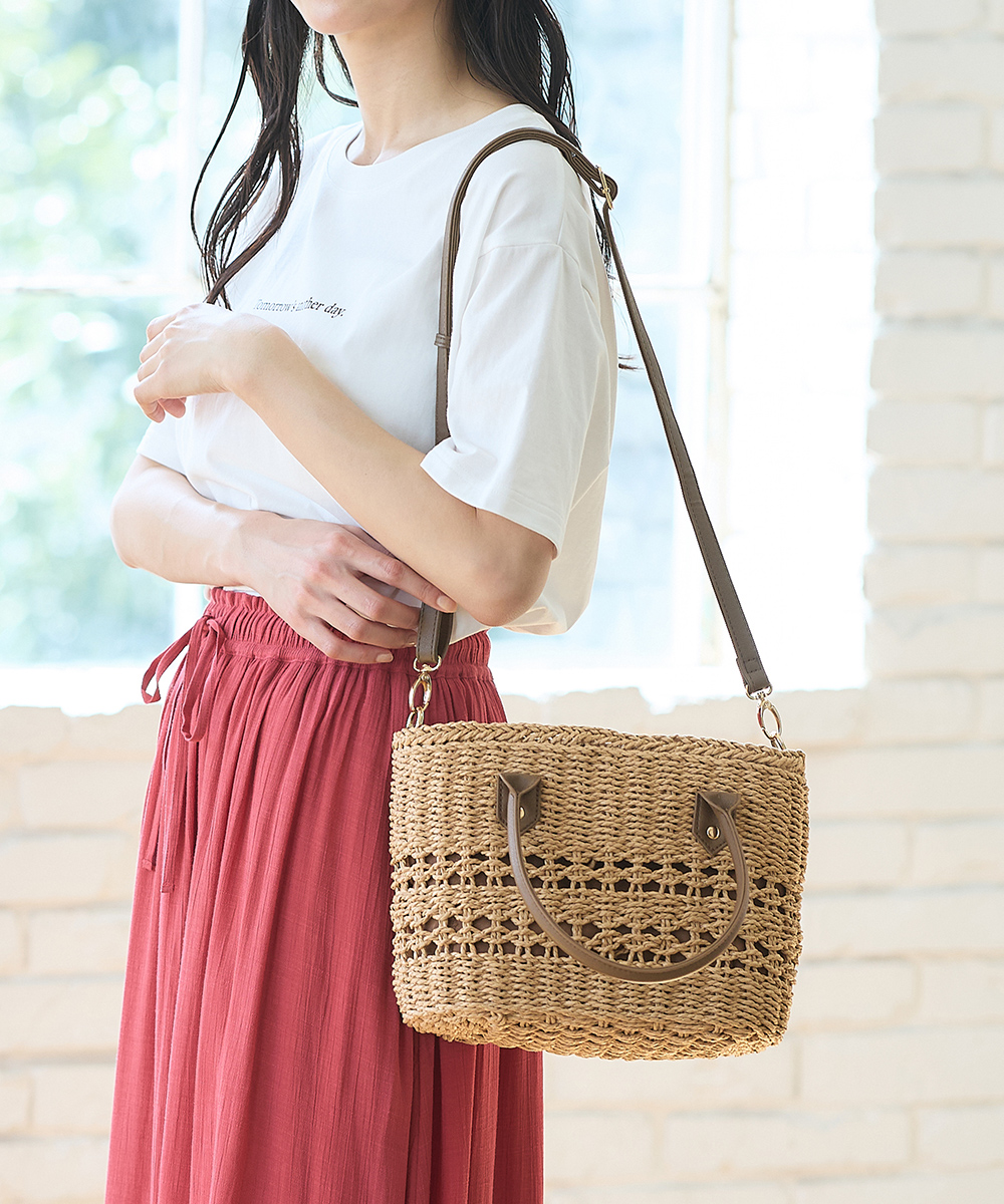 かごバッグ(バニーファー付き→取り外し可) Honeys カゴバッグ ハンドバッグ バッグ 鞄 編み柄 雑材