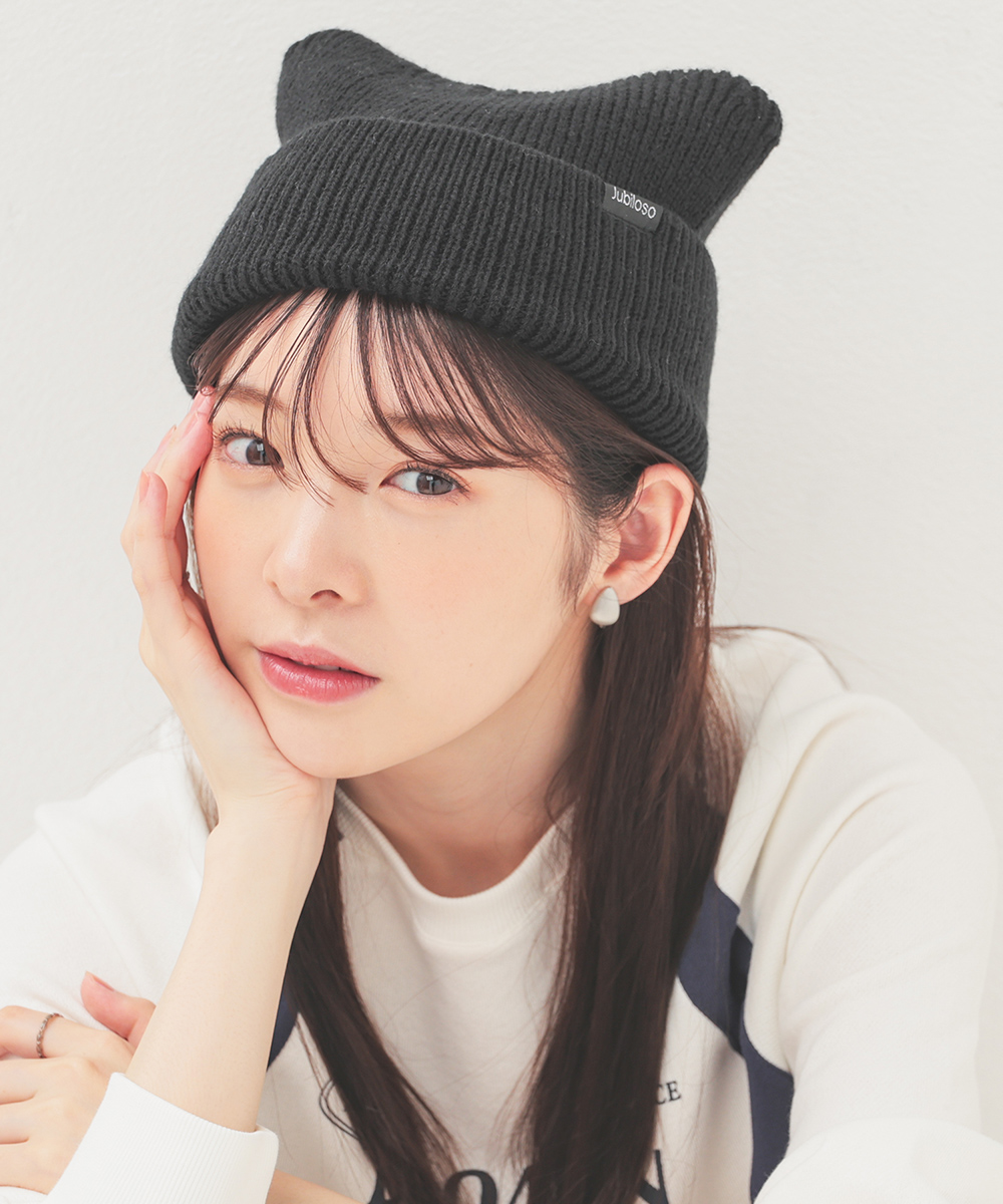 帽子 ニット帽 猫耳 ガーリー カジュアル 伸縮性 冬 白 黒