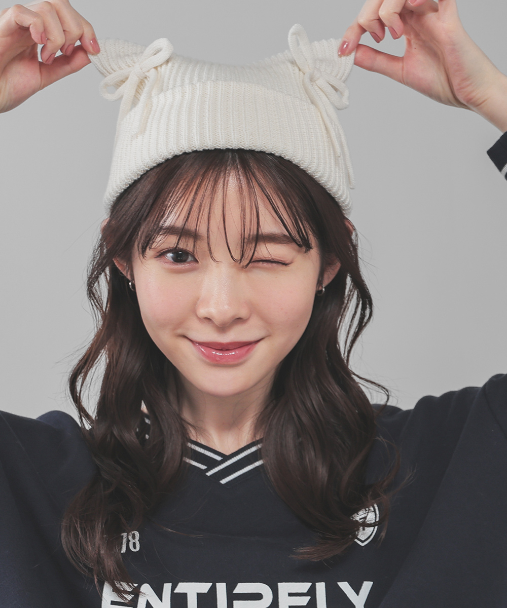 Honeys（ハニーズ） 帽子 ニット帽 ネコ耳 ニット リブ リボン付き