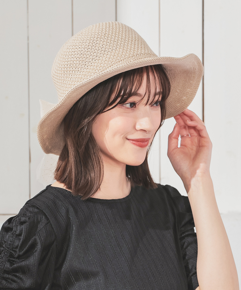 バーニーズニューヨーク　リボンハット Honeys 帽子 ハット リボン付ハット ポケッタブル 透かし編み