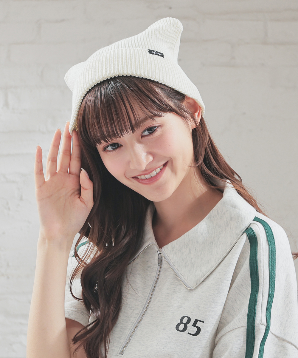 Honeys（ハニーズ） 帽子 ニット帽 ネコ耳 リブ編み 綿混 麻混 手洗い