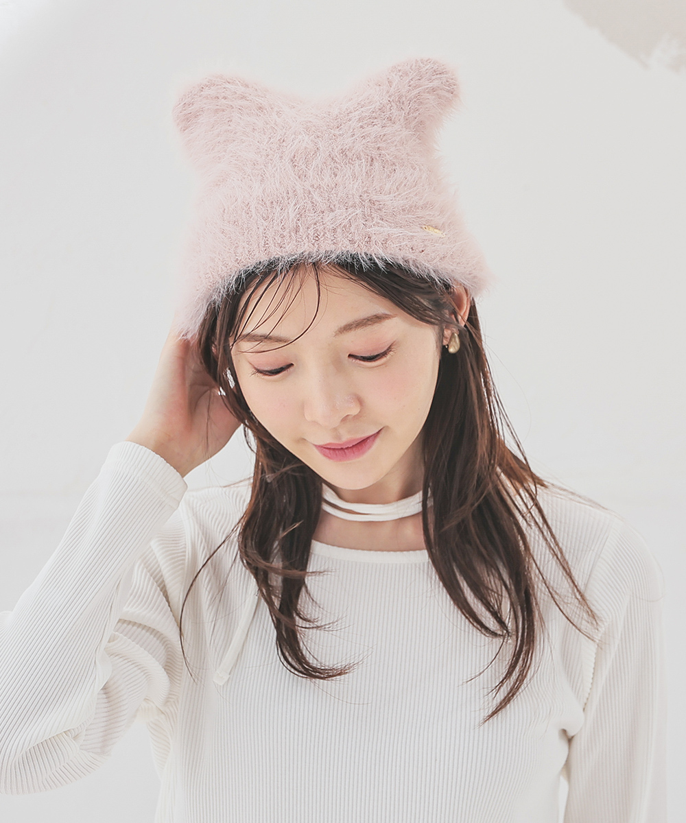 Honeys（ハニーズ） 帽子 ネコ耳 くま耳 ロゴプレート シャギー素材