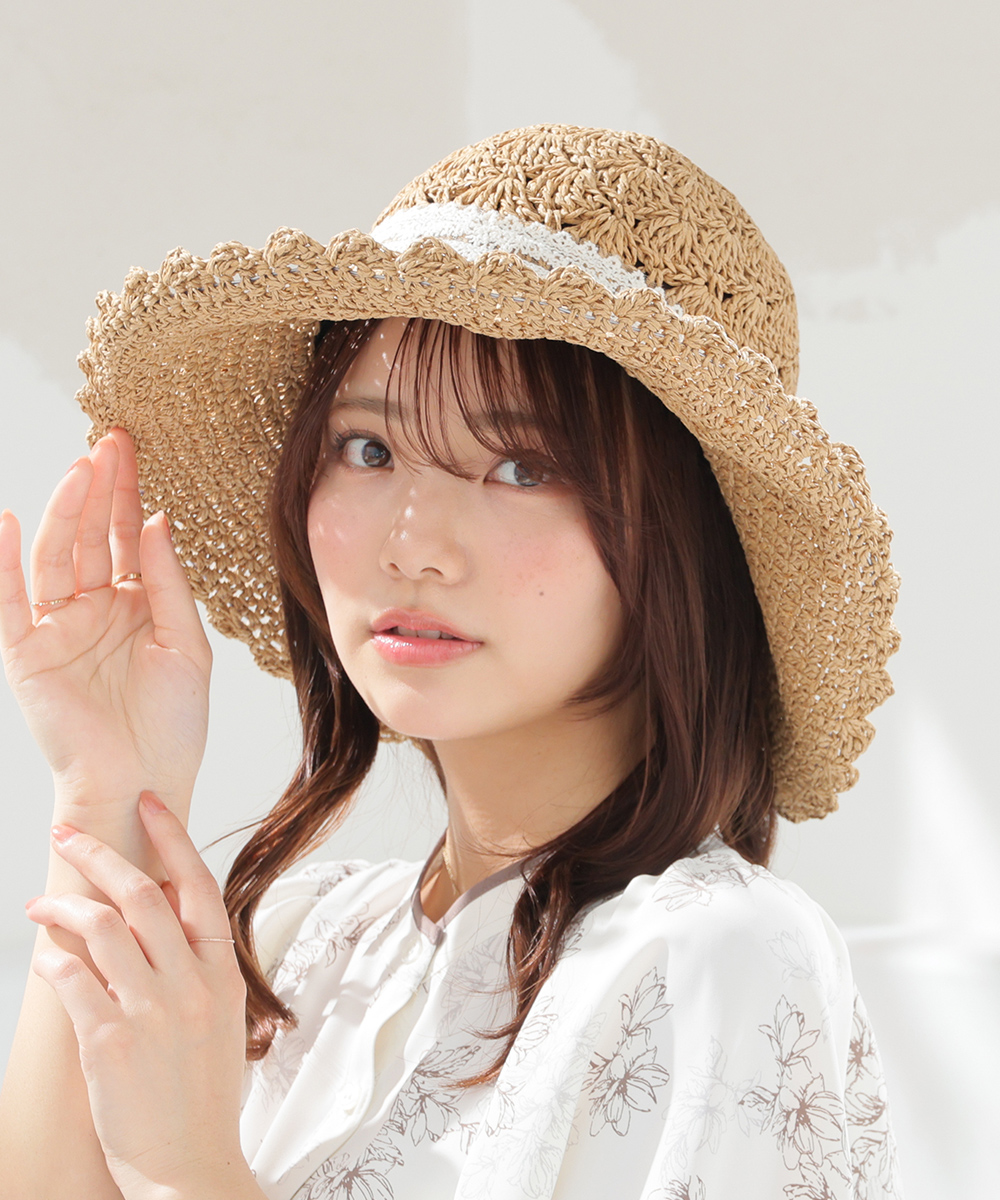 Honeys（ハニーズ） 帽子 ハット つば広帽 スカラップ リボン 雑材
