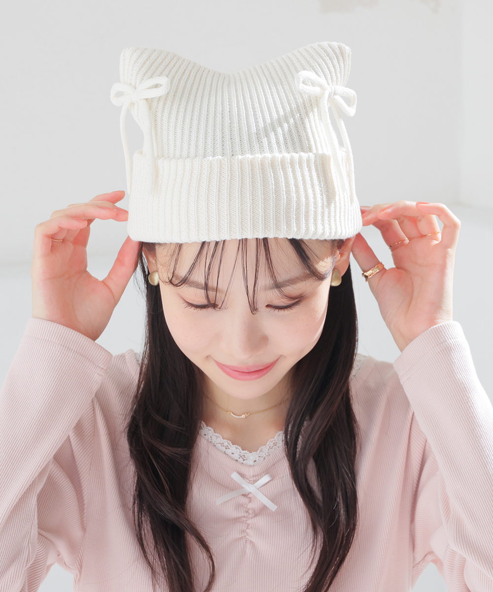 Honeys（ハニーズ） 帽子 ニット帽 リボン付き アニマルニット帽 ネコ