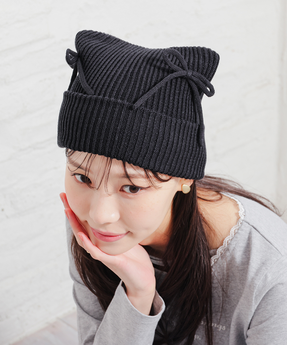 CA4LA黒の猫耳リボンニット帽 milsa（ミルサ） 帽子 レディース 猫耳ニット ネコ耳 耳付きニット
