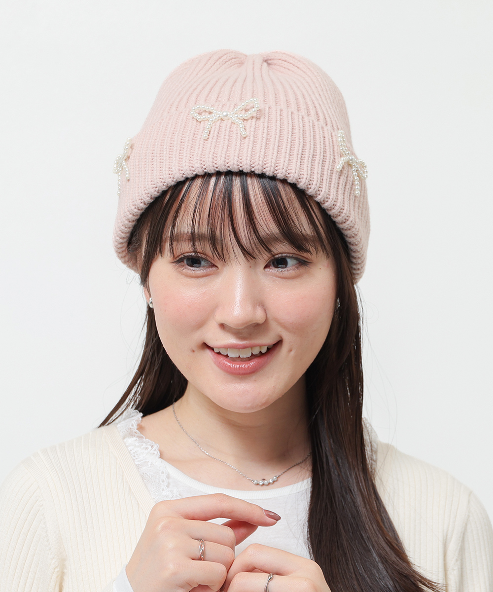 Honeys（ハニーズ） 帽子 ニット帽 リボン付き リブ編み 手洗い