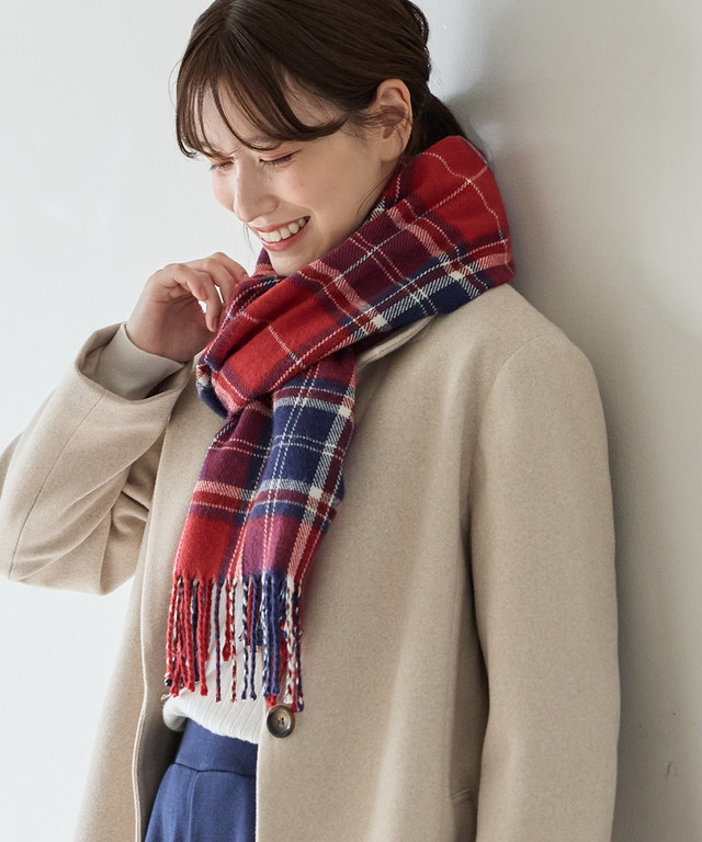 チェック柄マフラー 32*192cm Honeys（ハニーズ） 吸湿発熱 抗菌防臭 シアバター加工 アクリル 起毛