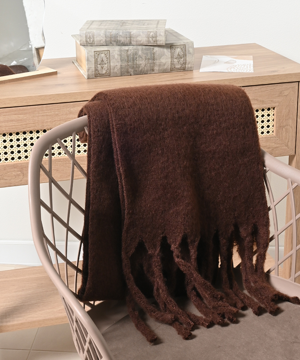 男女兼用 ブラウン フリンジマフラー Honeys（ハニーズ） マフラー 太フリンジ 無地 両面起毛 フェミニン 冬