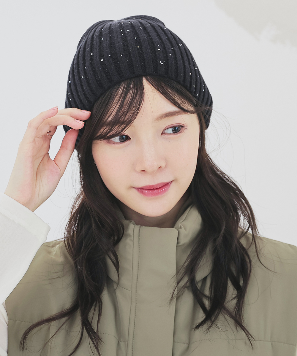 Honeys 帽子 ニット帽 ビーニー スパンコール リブ編み アクリル混