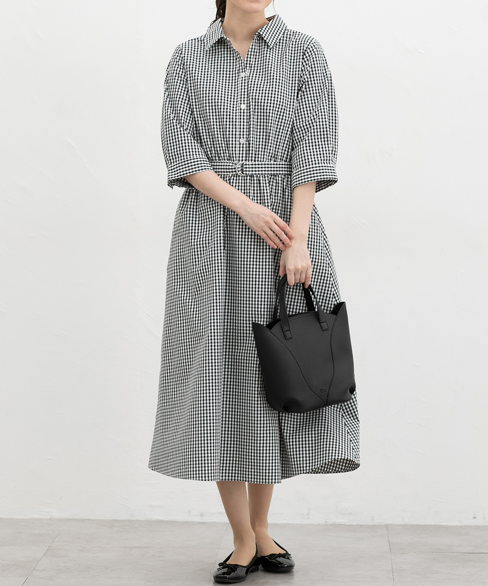 MHL. ベルト付ロングシャツワンピース 黒 I 日本製 綿100% 羽織りOK MONOe ブラウス シャツ ベルト付きロングフレアシャツワンピース