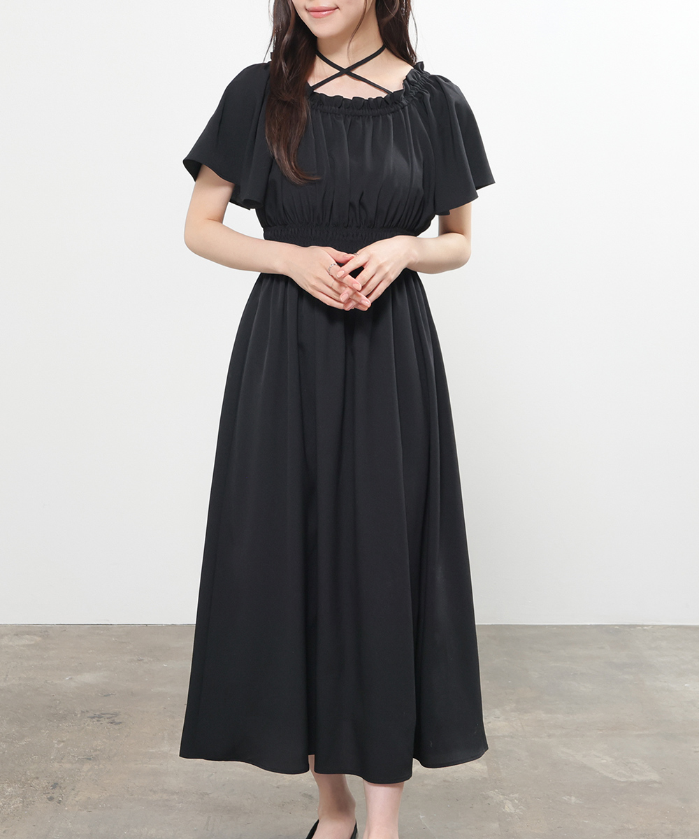 美品 バーバリーロンドン ワンピース ブラック 半袖 ニット切替 大きいサイズ Honeys（ハニーズ） ワンピース 半袖 ロング丈 大きいサイズ 2way