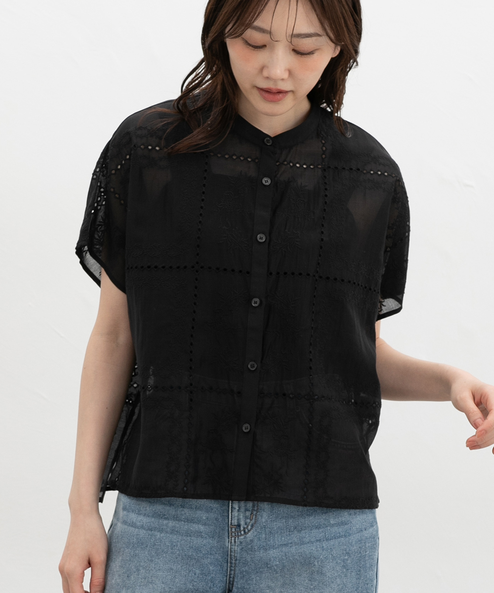 【美品】pot and tea フレンチスリーブ ブラウス トップス 半袖 Honeys（ハニーズ） トップス ブラウス 半袖 バンドカラー 刺繍 花柄