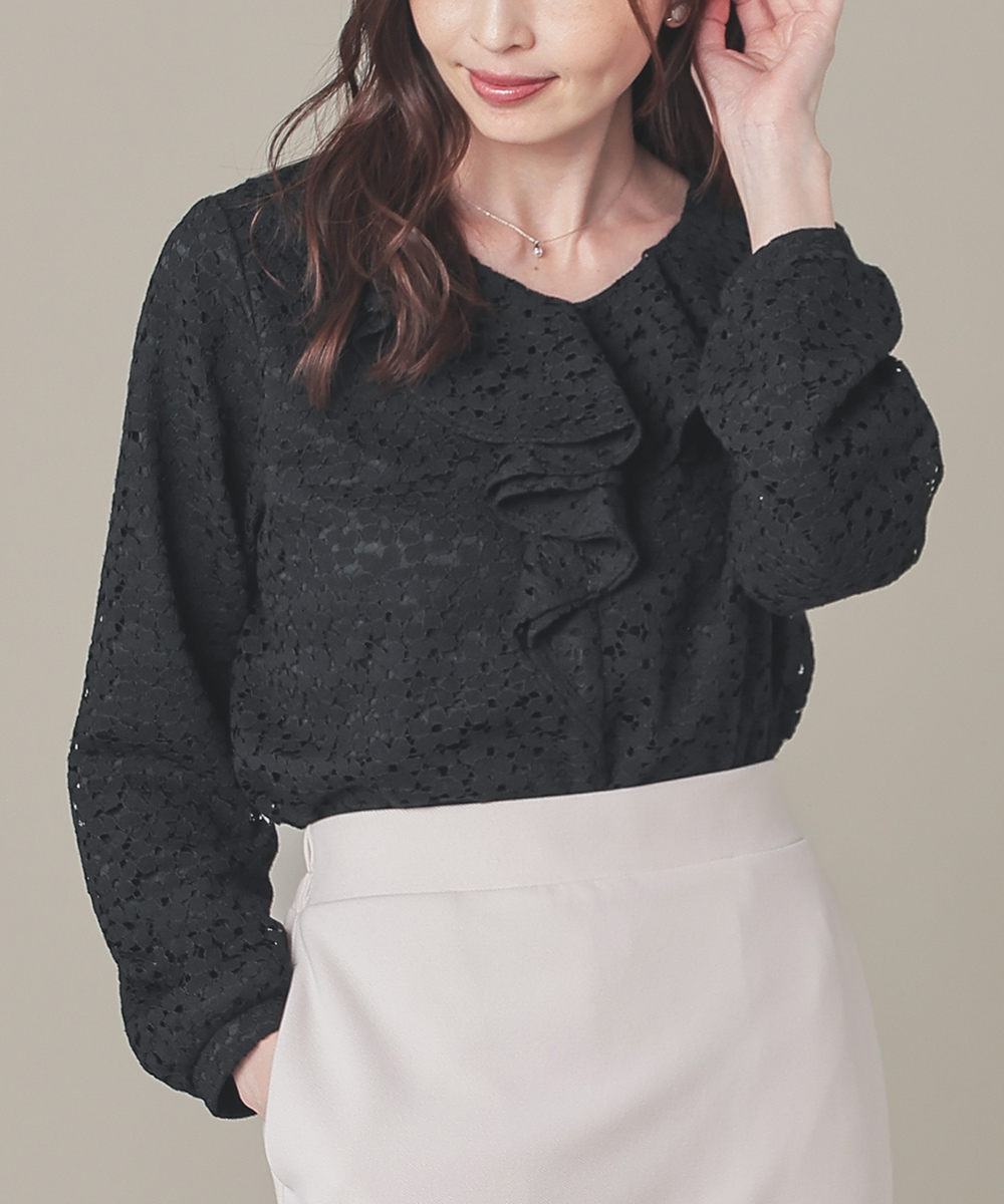 Honeys（ハニーズ） カットソー 長袖 ラッフル 花柄 裏地付き Vネック