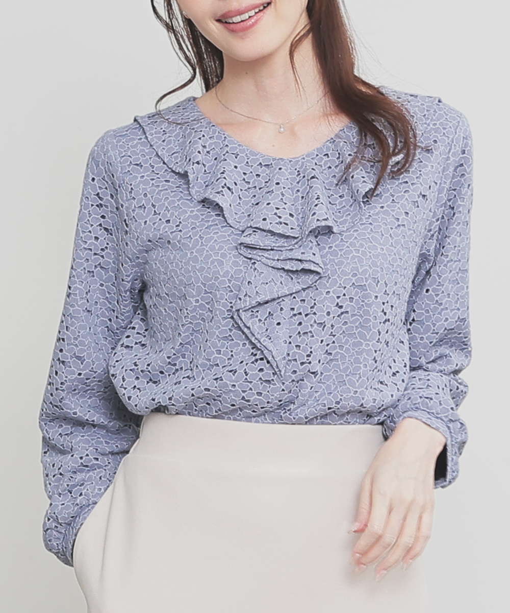 Honeys（ハニーズ） カットソー 長袖 ラッフル 花柄 裏地付き Vネック