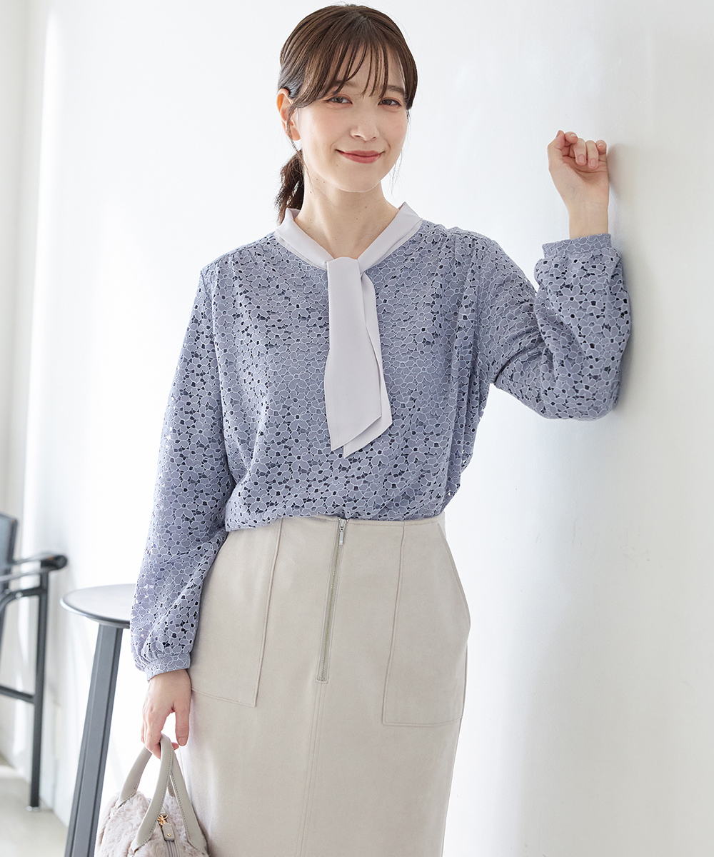 美ライン！レオナール　リボン　カットソー　コットンTシャツ　ブラウス　花柄 Honeys（ハニーズ） カットソー 長袖 オフィス きれいめ 花柄 裏地付き