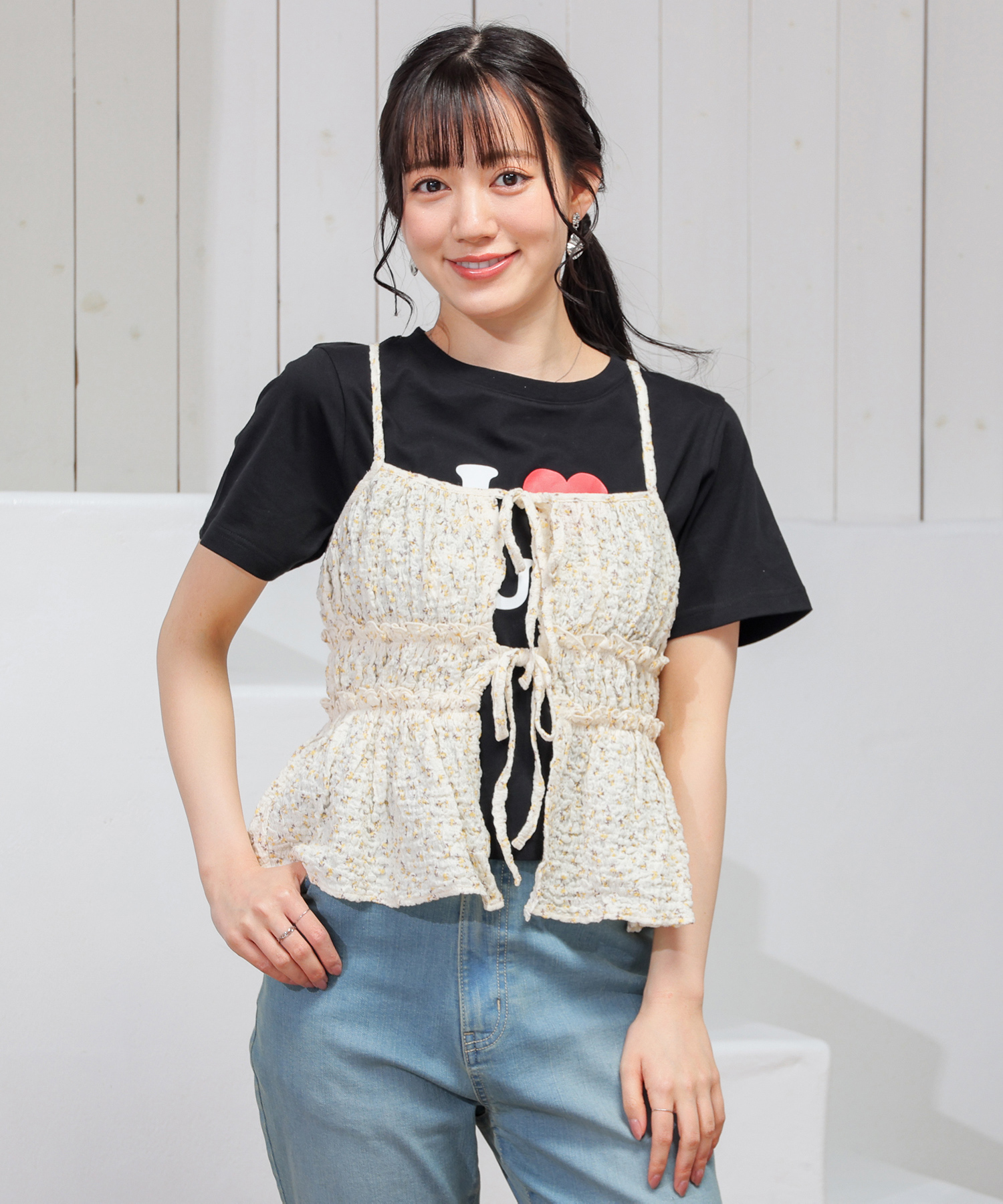 ケティー　凝った編み柄　リボン編み込みニット　タンクトップ　キャミソール　新品 カップ入りドット柄リボンストラップキャミソール[dk1117