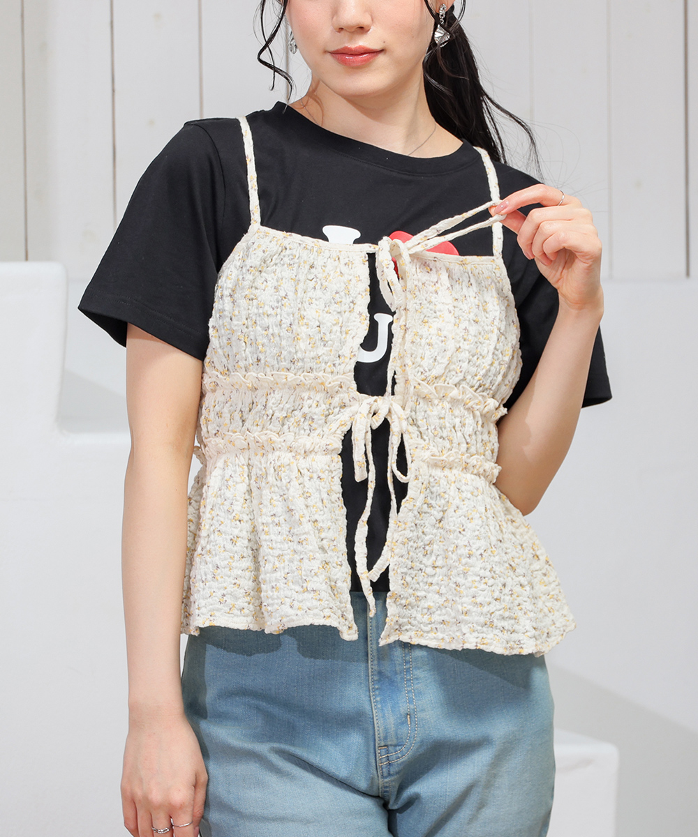 Honeys（ハニーズ） トップス キャミソール リボン付き 花柄 ギャザー