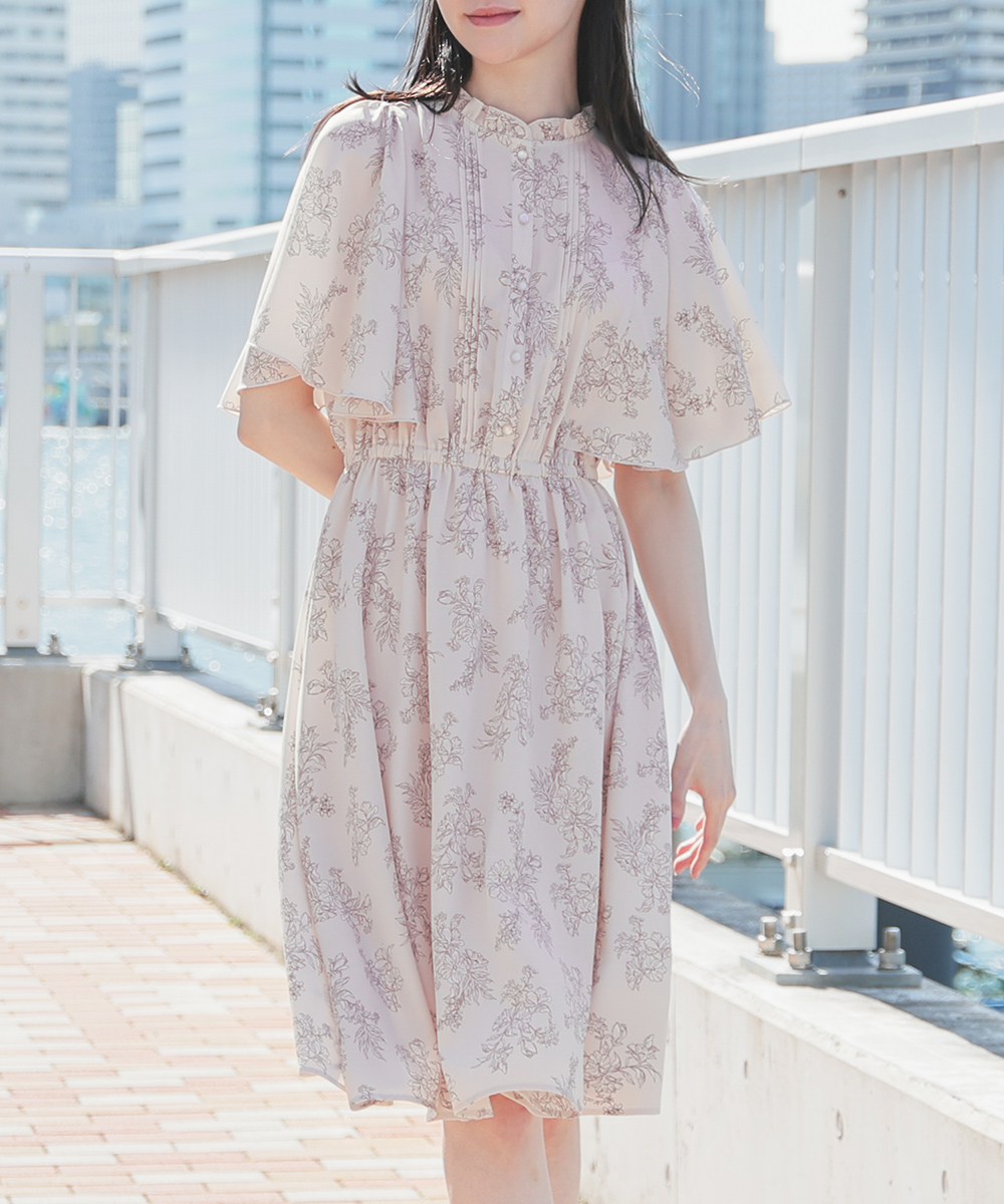 Honeys ワンピース 半袖 ひざ丈 フレア袖 花柄 ピンタック 膝丈
