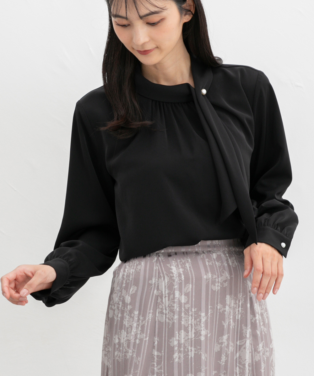 トップス ブラウス 長袖 大きいサイズ オフィス きれいめ ボウタイ アシメネック レディー Honeys ハニーズ アシメボウタイブラウス | Honeys | 02