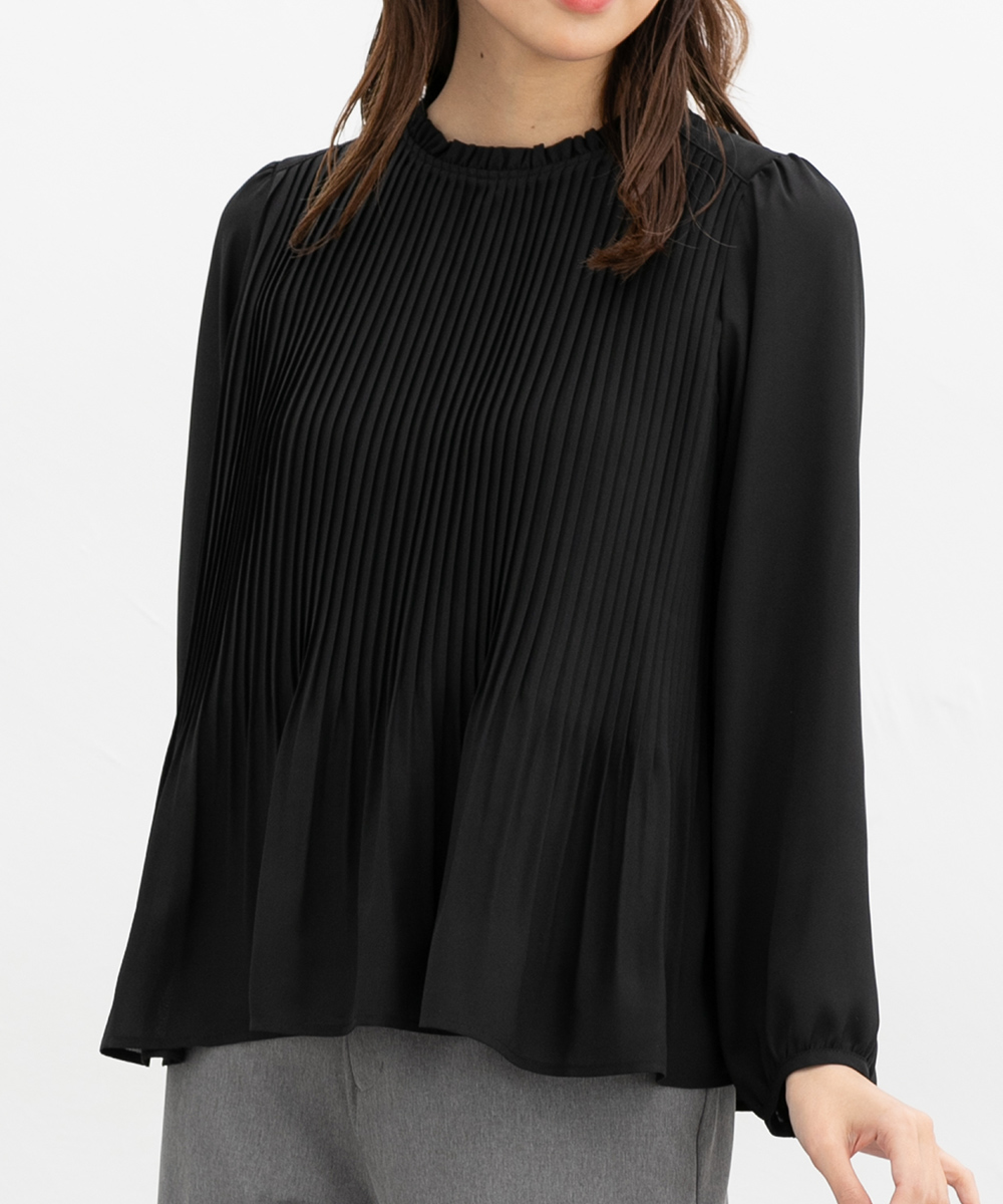 L'UNE プリーツ長袖ブラウス　黒 Honeys（ハニーズ） トップス ブラウス 長袖 大きいサイズ オフィス