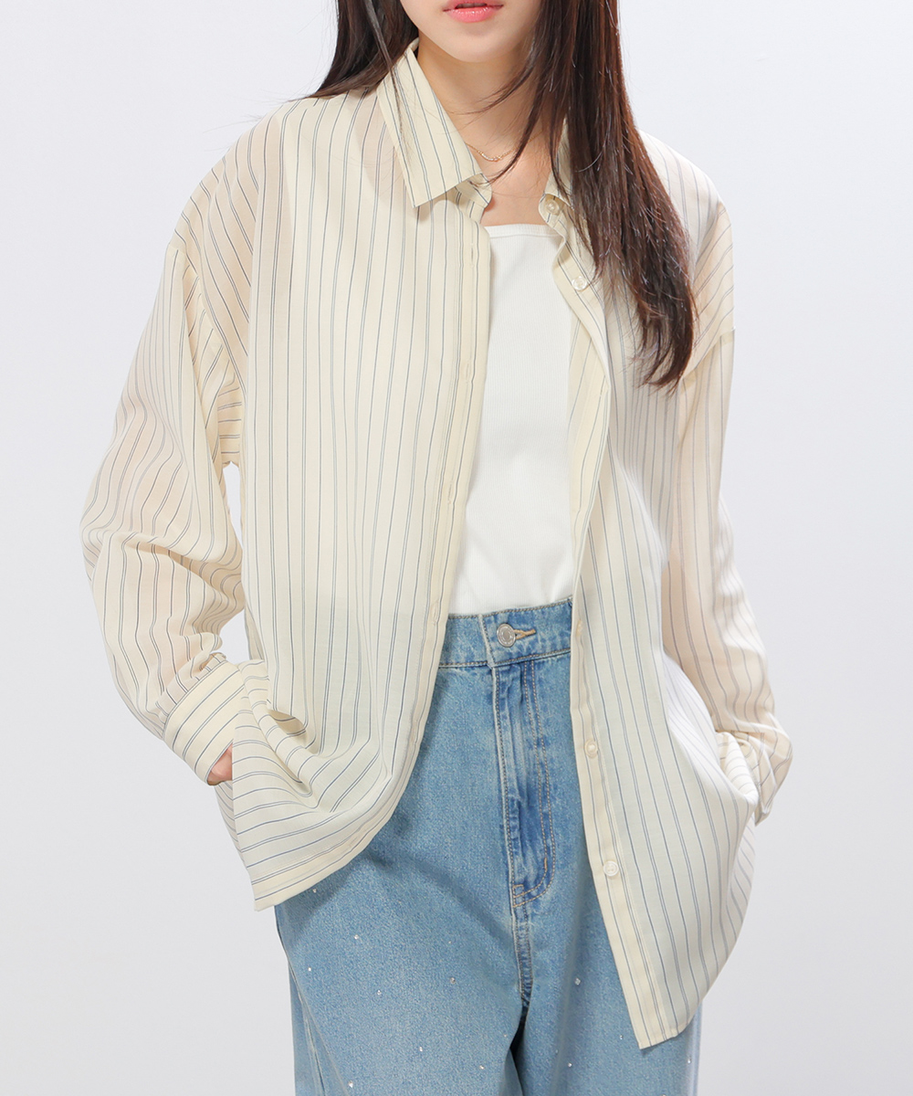 マルモア ストライプシアーシャツ + タンクトップ size 36 ベージュ Honeys（ハニーズ） トップス シャツ ブラウス 長袖 無地 ストライプ柄