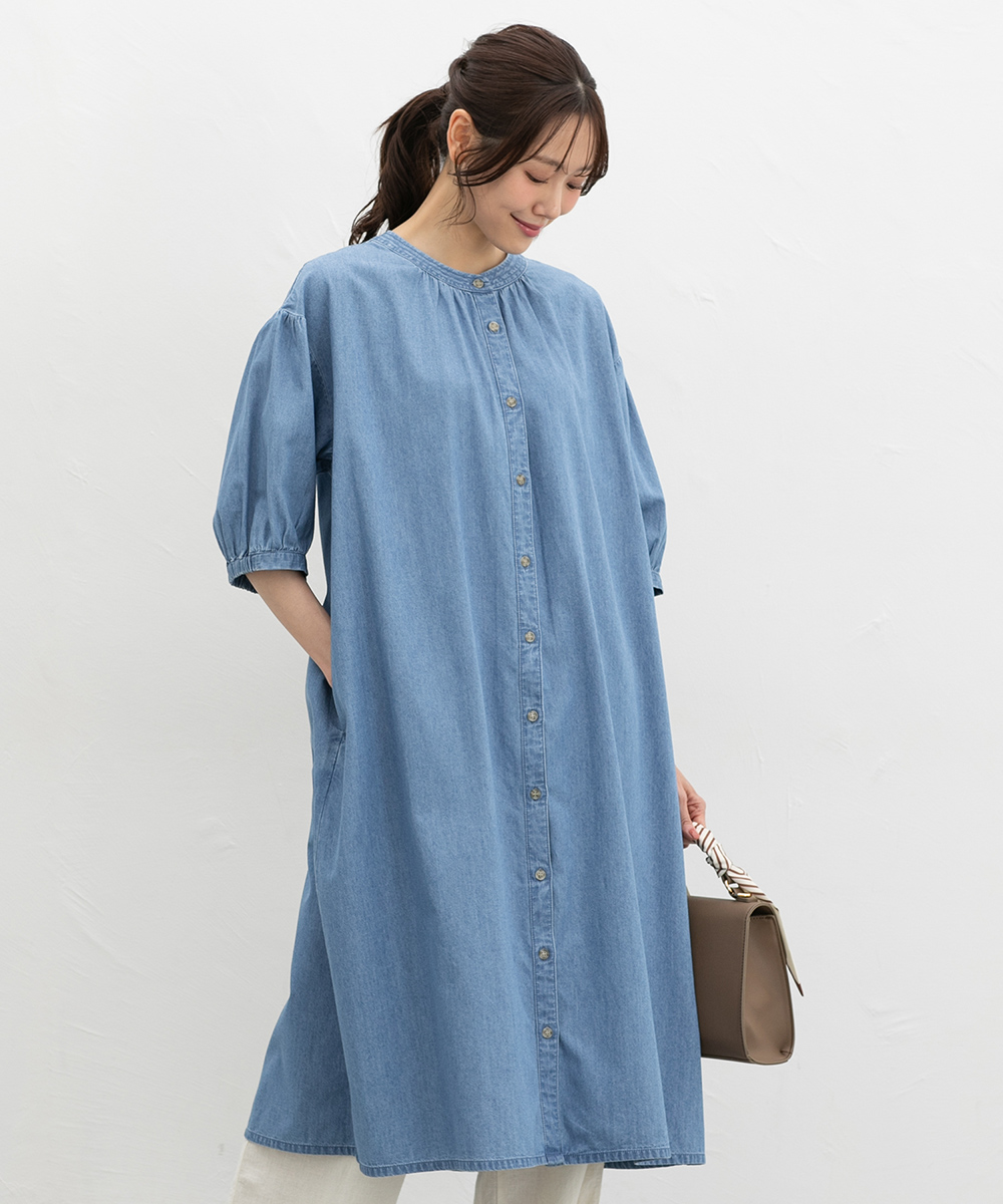 Honeys（ハニーズ） ロング丈 デニムワンピース マオカラー Aライン