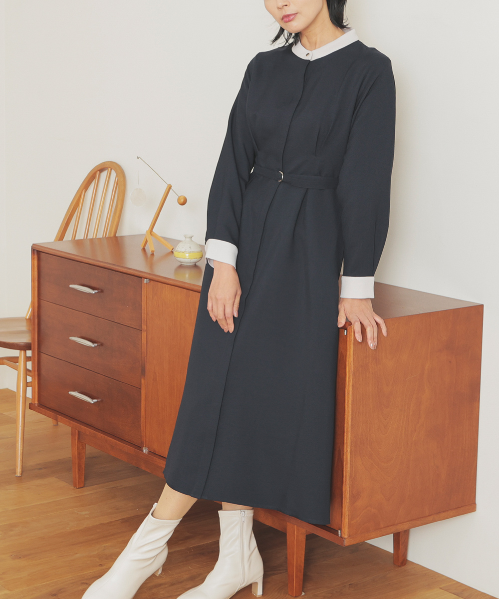 美品　近年モデル　マスターバニー　中綿　ワンピース　ロング　ベスト　ネイビー Honeys（ハニーズ） ワンピース 長袖 ロング丈 バンドカラー ベルト