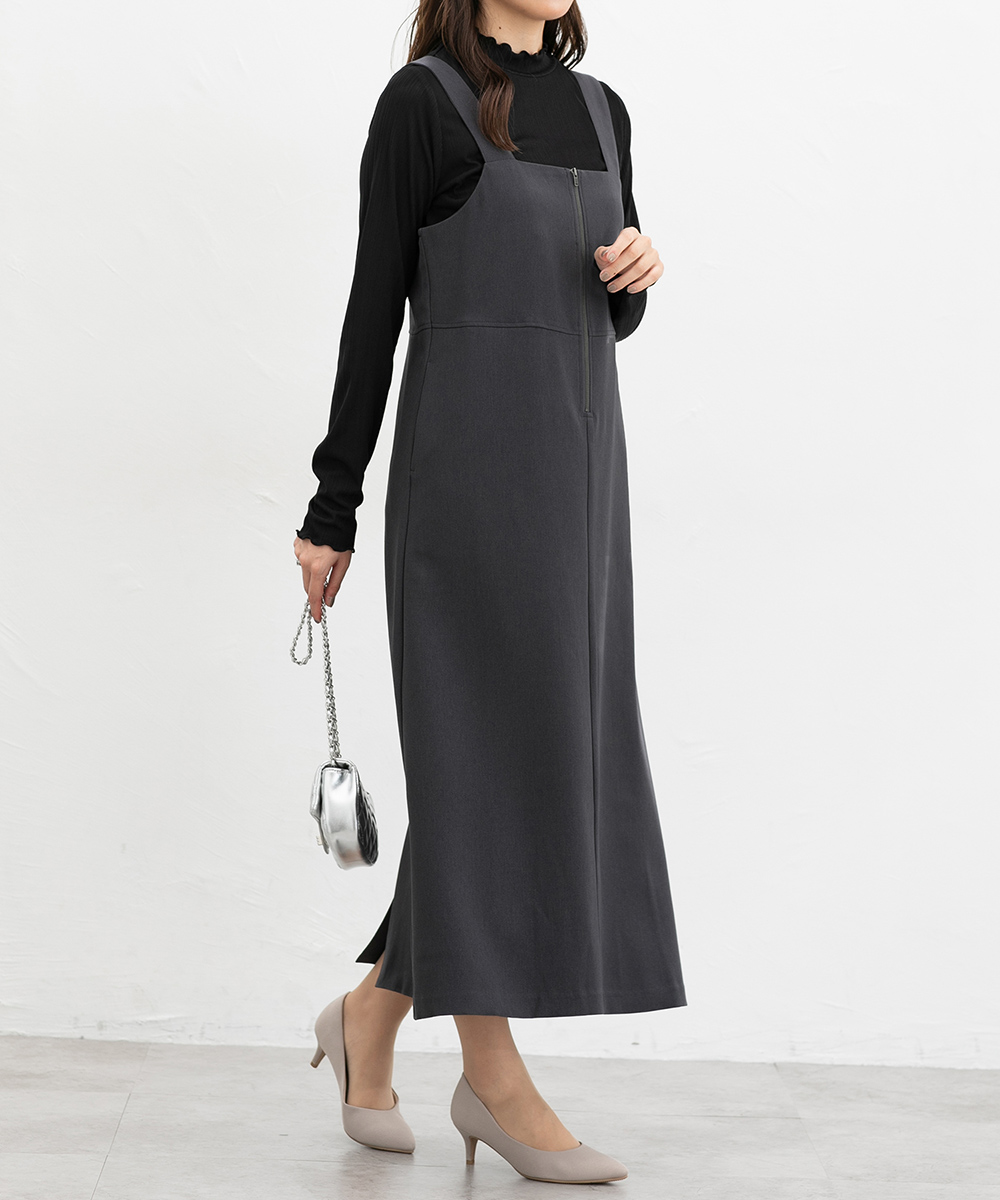 ワンピース ノースリーブ ロング丈 ジャンスカ ジップ 裏地付き 肩紐調節可 レディース Honeys ハニーズ ジップ使いジャンスカ