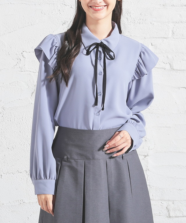 グレー フリル リボン付き 長袖ブラウス Honeys（ハニーズ） トップス ブラウス 長袖 フリルブラウス リボン