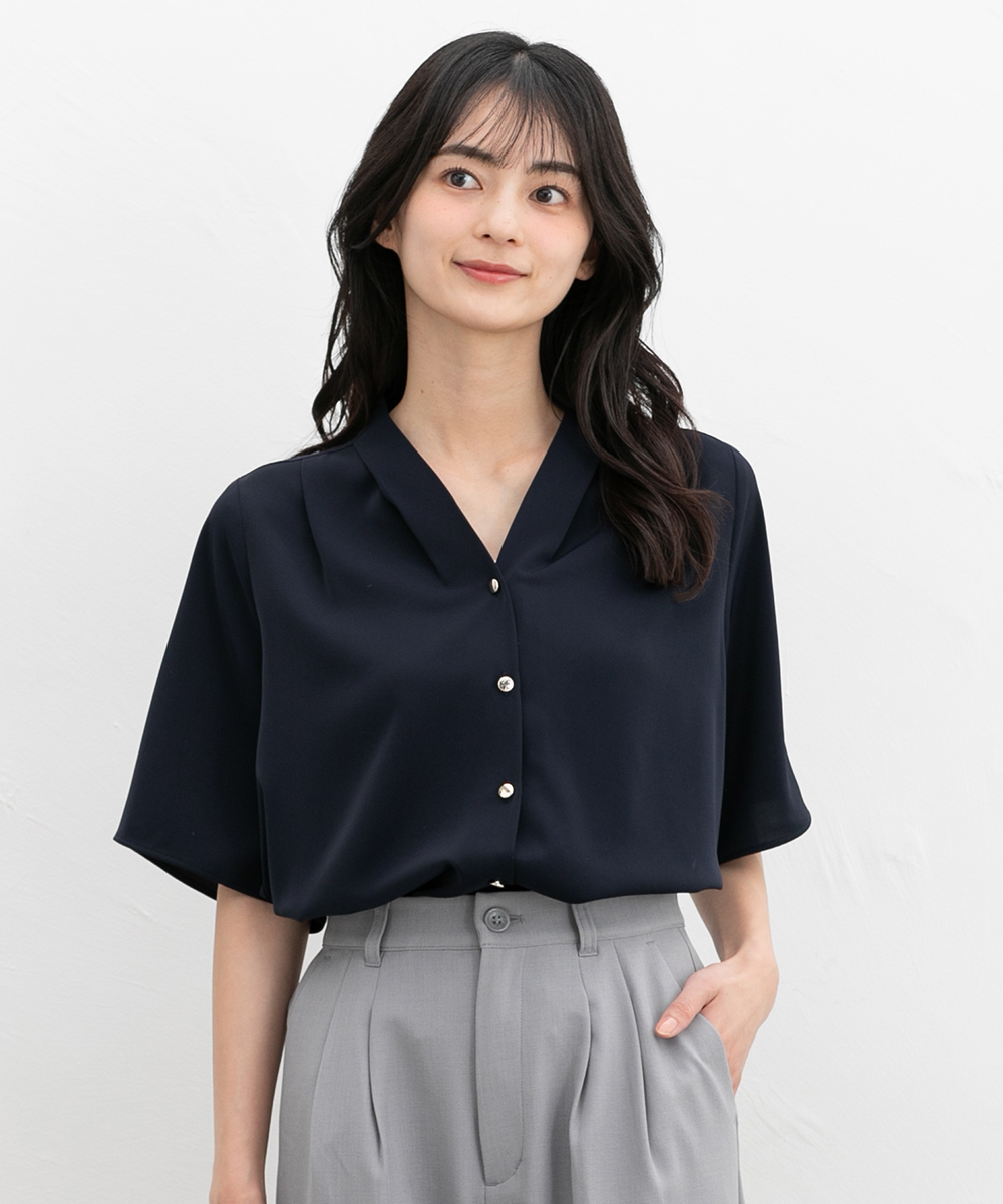 ブラウス レディース 半袖 トップス 大きいサイズ きれいめ おしゃれ Vネック 無地 パフスリーブ 風 婦人服 Honeys トップス ブラウス 半袖 大きいサイズ オフィス きれいめ