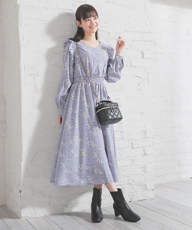 ネイビー 花柄 ロングワンピース フリル袖 ネイビー 花柄 ロングワンピース フリル袖 - メルカリ