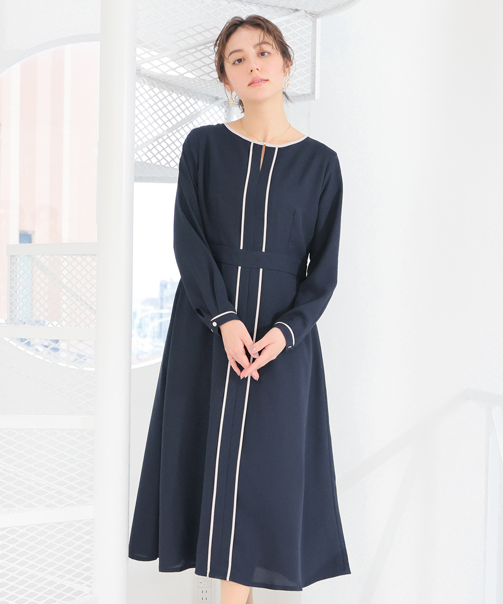 Honeys（ハニーズ） ワンピース 長袖 ロング丈 配色パイピング ジョー