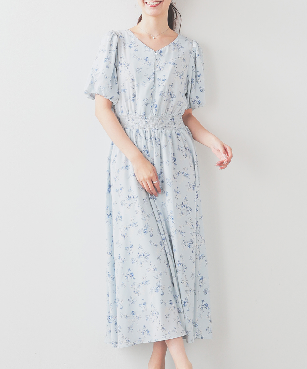 Honeys ワンピース 半袖 ロング丈 大きいサイズ ボリューム袖 花
