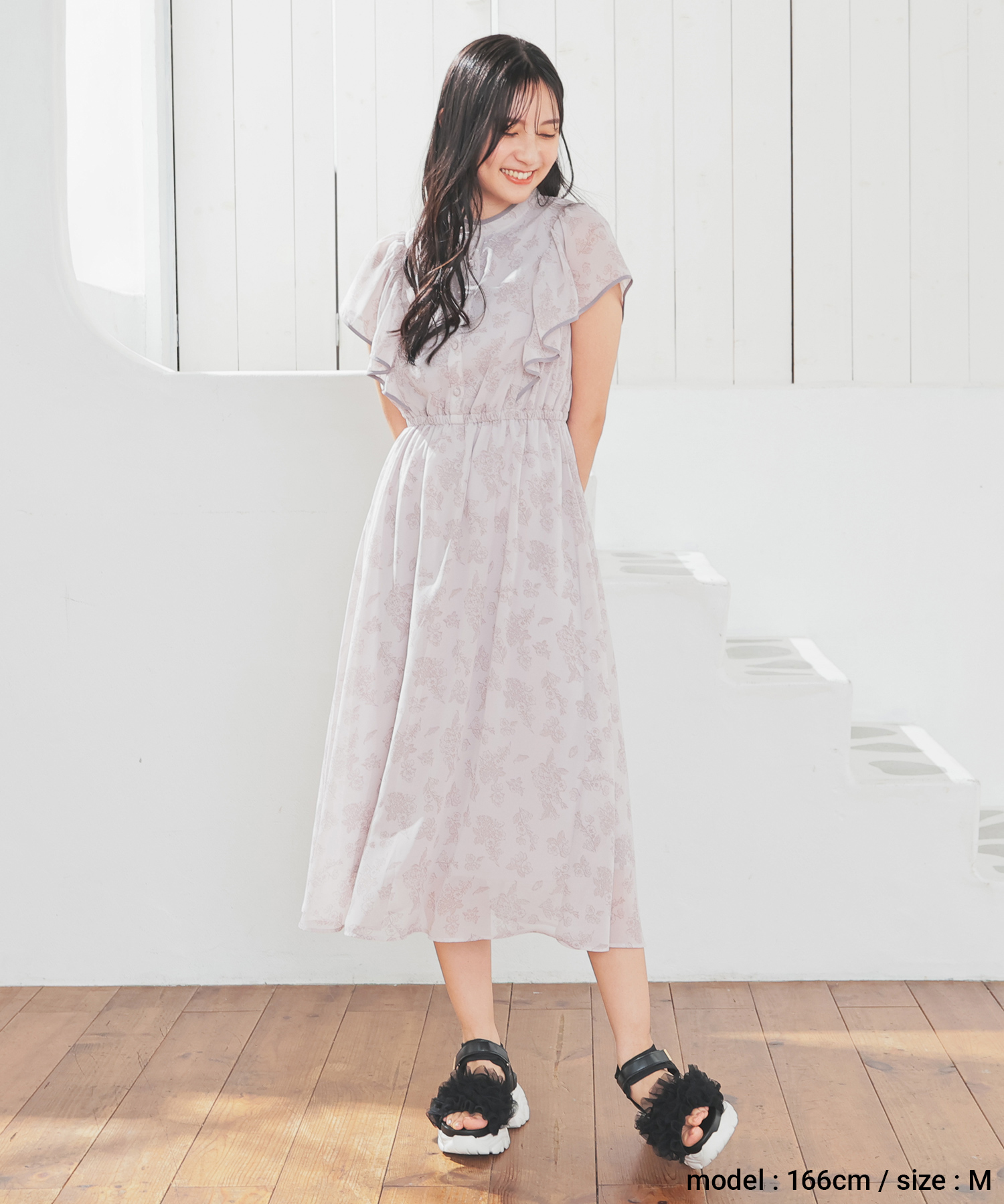 Honeys ワンピース 半袖 ロング丈 大きいサイズ フリル袖 ドット