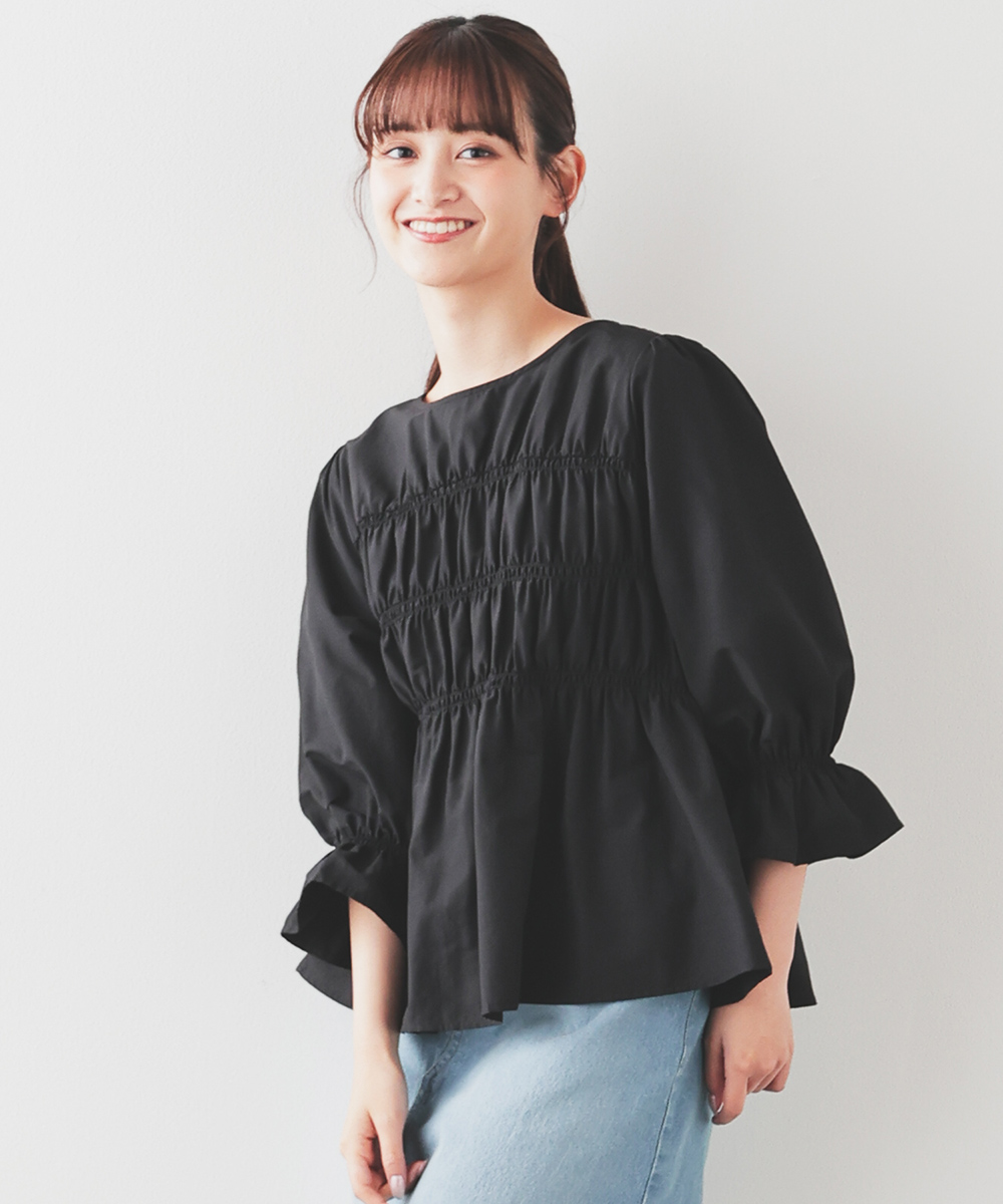 完売商品！大人気！Cottonシャーリングminiトップス ブラック Honeys トップス ブラウス シャーリングブラウス 7分袖ブラウス